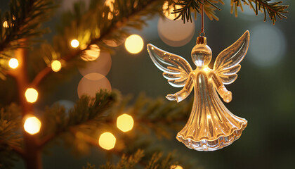 Glass angel ornament hanging on Christmas tree with lights  