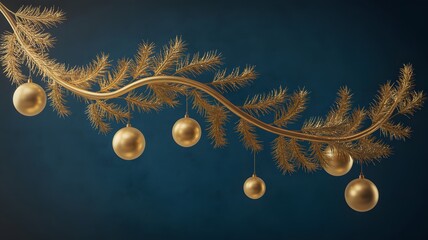 Elegant golden fir branch adorned with shimmering christmas baubles on a deep blue backdrop, festive season