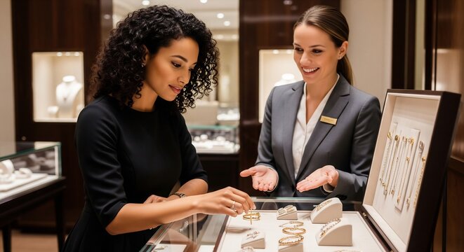 Wealthy woman examining luxury bracelet in a high-end jewelry store with a smiling sales associate.