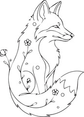 Elegant fox with floral accents, line art, isolated on white background
A captivating line art illustration of a fox, adorned with delicate flowers and leaves, presented in a serene and artistic style