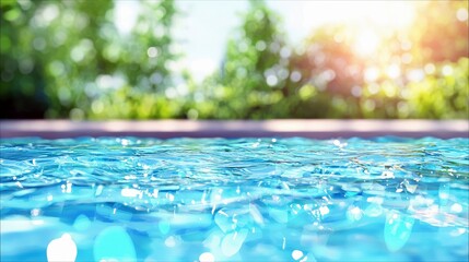 Close-up view of the rippling surface of a clear blue swimming pool, with sunlight glinting off the water and a blurred background of lush green trees and brigh