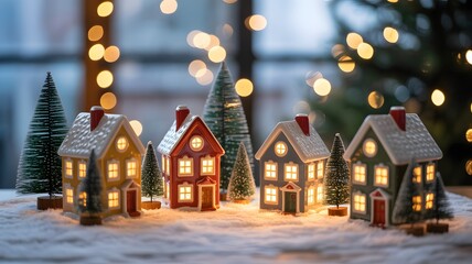 Cozy miniature christmas village scene with illuminated houses and festive trees, creating a warm holiday atmosphere