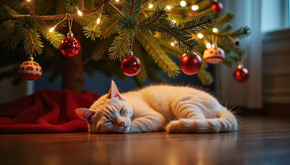 Sleeping white cat resting under Christmas tree with decorations  