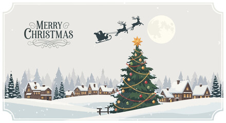 Festive Christmas Scene Santa's Sleigh Over Snowy Village, Decorated Tree, and Merry Christmas Wishes