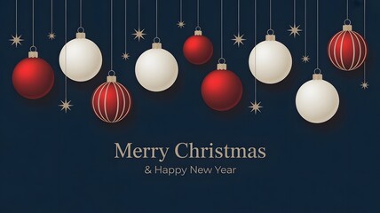 Elegant christmas and new year greeting card with red and white festive ornaments on a dark blue background