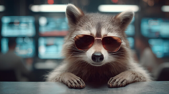 Cool raccoon wearing sunglasses overlooking a tech command center, fun and quirky animal design for branding, social media, and advertising projects