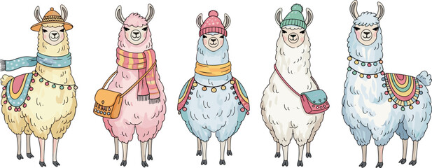 Naklejka premium Five Adorable Llamas Wearing Colorful Accessories A Playful Illustration for Various Designs