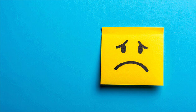 Yellow sticky note with hand-drawn sad emoji face on blue background, emotional expression