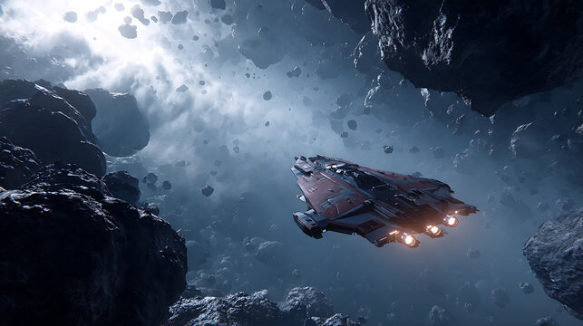 An advanced spacecraft navigating through an asteroid field in the middle of its journey