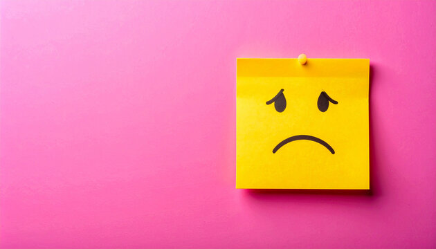 Yellow sticky note with hand-drawn sad emoji face on pink background. Emotional expression