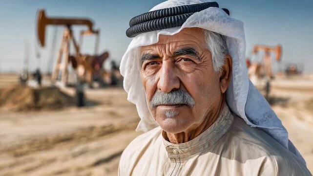 Oil Magnate's Gaze: A senior oil tycoon, exuding confidence and authority, stands before an oil field, embodying the essence of industry leadership and wealth.