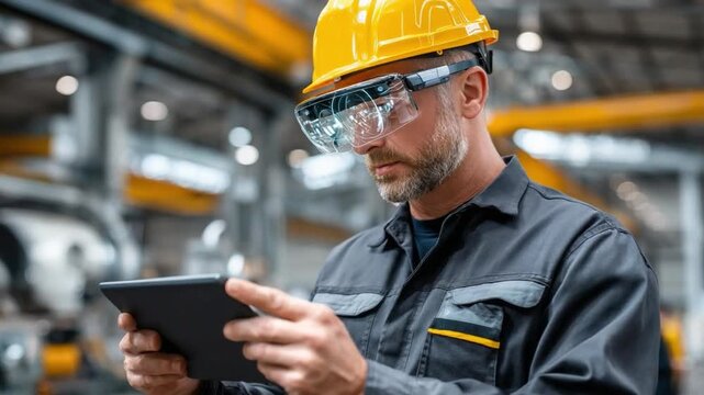 Precision in Progress: A focused worker in a factory setting, immersed in data on a tablet. his serious gaze and safety gear showcase technological integration and workplace safety.