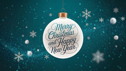 Merry christmas and happy new year greeting on a white festive ornament with sparkling snowflakes and bokeh on a dark teal background