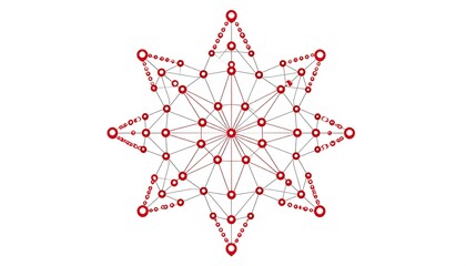 Geometric star outline pattern, red circles and lines, against white background, creating radiating, symmetrical design