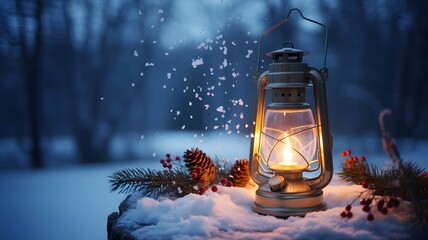 Vintage lantern glowing in a snowy winter forest with falling snowflakes and festive decorations