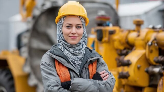 Empowered Professional in Construction: A skilled construction worker, adorned in a protective helmet, radiates confidence with arms crossed in front of a construction machine.