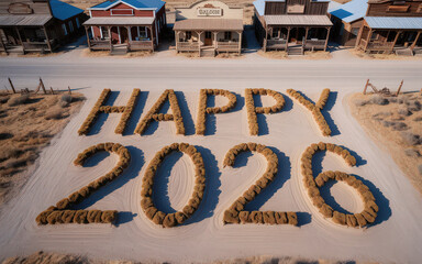 Happy 2026 spelled with hay bales on a dusty street in a Western-style town under bright daylight.