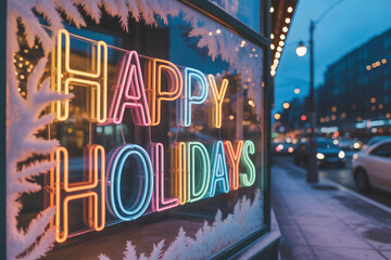 Festive neon sign glowing bright wishes for Happy Holidays in a shop window, spreading cheerful seasonal spirit and inviting all to celebrate the joy of the season