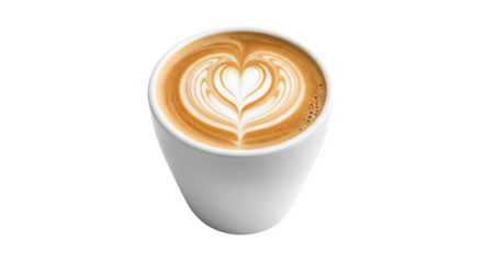 Latte art heart in white cup, isolated on transparent background
