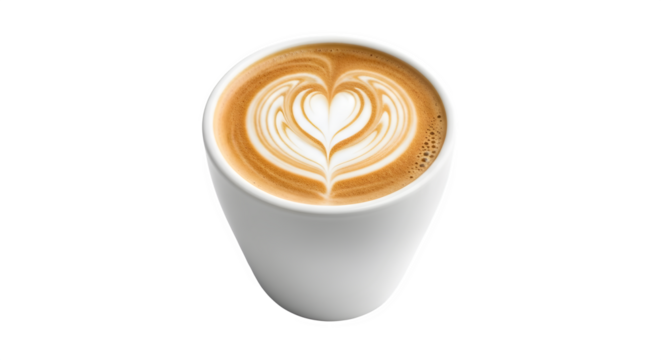 Latte art heart in white cup, isolated on transparent background