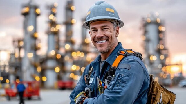Industrious Smile: A skilled technician stands confidently at an industrial plant, embodying a spirit of expertise and the promise of progress, bathed in the soft glow of the late afternoon light.