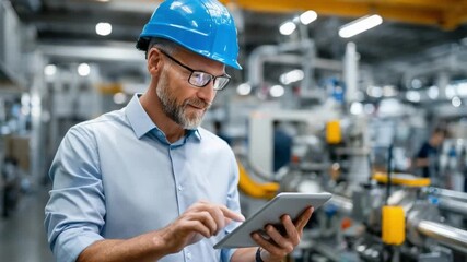 Tech-Savvy Technician at Work: An experienced technician, hard hat and glasses, deeply focused on a digital tablet in a bustling industrial setting, exemplifying the fusion of technology and industry.