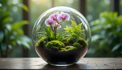 Orchid terrarium in glass sphere with moss and fern plants inside