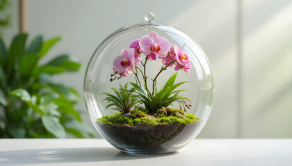 Orchid terrarium in glass sphere with moss and fern plants inside