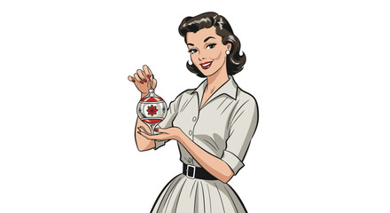 Retro Woman Holds Ornament with Apple Design, Vintage Holiday Charm