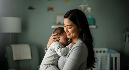 Tender Asian Mother Embracing Her Newborn Baby in a Serene Nursery, Showcasing Love and Bonding