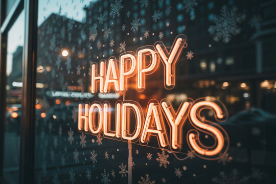 Radiant Happy Holidays neon sign with snowflake decals, perfect for festive greeting cards, seasonal banners, and winter celebration marketing materials - Powered by Adobe