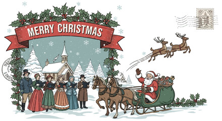 A nostalgic vintage Christmas illustration showing Santa in his sleigh, carolers singing in a snowy village, and flying reindeer