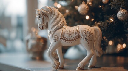 Naklejka premium a horse statue against the backdrop of a Christmas tree.