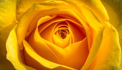 Vibrant, close-up shot showcasing the detailed petals of a yellow rose, revealing its intricate, swirling center