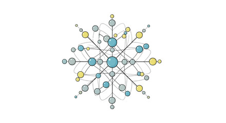 Dynamic abstract geometric structure with interconnected spheres and lines, symbolizing modern technology, complex data networks, and scientific innovation