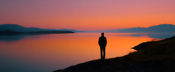 Silhouetted figure warmly embracing tranquil calm by serene dawn-lit shimmering waters