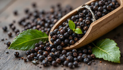 Close up of aromatic black peppercorns with wooden scoop and fresh green leaves photo