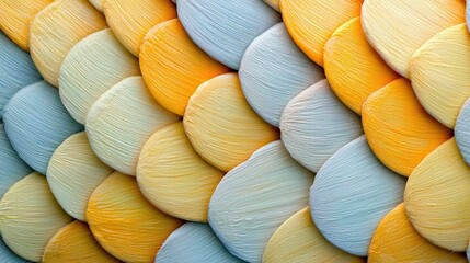 A close-up, abstract view of overlapping shapes resembling petals or scales, arranged in a repeating pattern. The colors are soft pastels including pale blue, c
