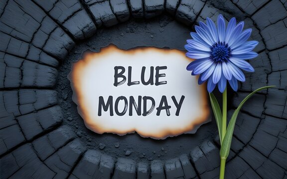 Blue Monday text on burnt paper with a vibrant blue flower on a dark, textured charred wood background, symbolizing sadness and hope