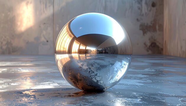 Reflective sphere sits on worn floor, mirroring sunlit scene in its glossy surface; abstract
