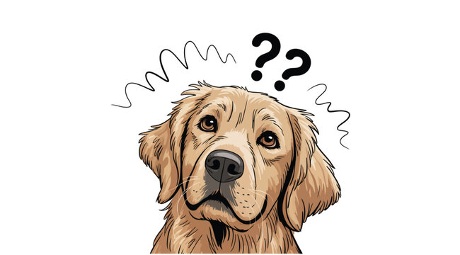 confused golden retriever puppy illustration with question marks above its head, expressing curiosity, uncertainty, and adorable confusion, perfect for educational designs, pet graphics, children’s bo