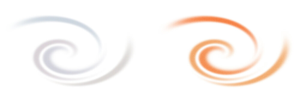 Two soft abstract swirl elements in warm orange and cool pastel tones with added grain texture on a transparent background. Smooth curved shapes for overlays, motion design, decorative graphics