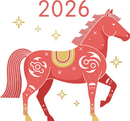 Stylized red horse with gold accents beneath 2026 set against a white backdrop with small scattered gold stars
