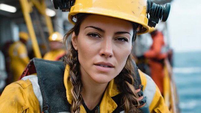 Vanguard Woman: A focused woman, wearing a hard hat, gazes intently. She's a beacon of expertise, a symbol of professional determination, ready to tackle any obstacle.