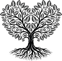 Heart-shaped tree silhouette, black vector tree with roots, romantic nature design, abstract love concept, decorative foliage art, stock illustration
