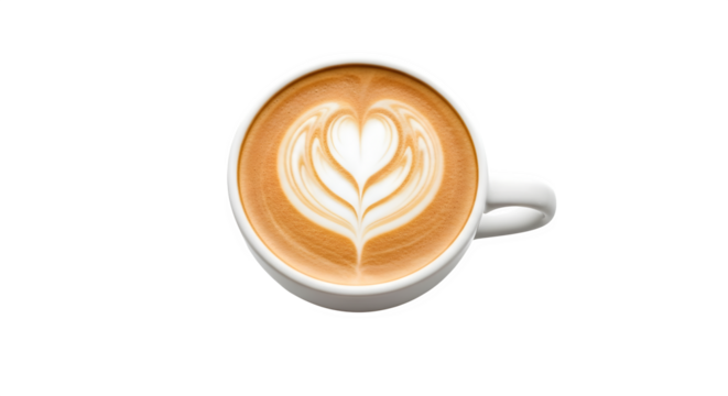 Latte art heart in white cup, isolated on transparent background