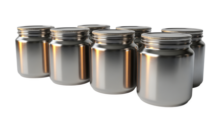 Empty metal jars, row, isolated on transparent background