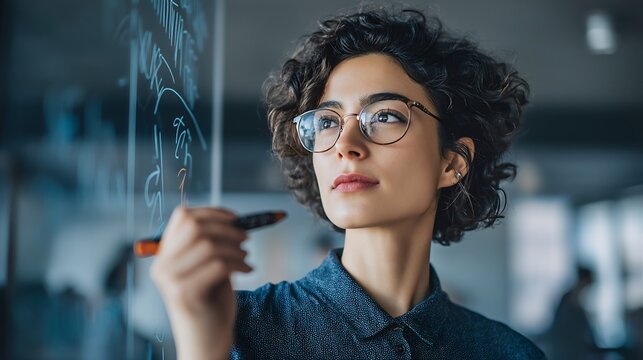 Focused woman writing on a glass board in a modern workspace with gray and blue tones