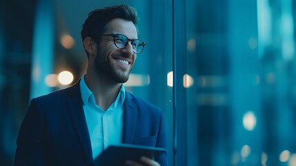 Young professional in suit smiling while sharing digital presentation in modern office setting