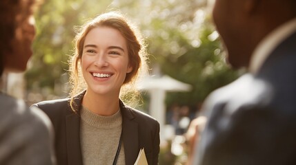 Young professional engaging in meaningful conversation with colleague in outdoor business setting